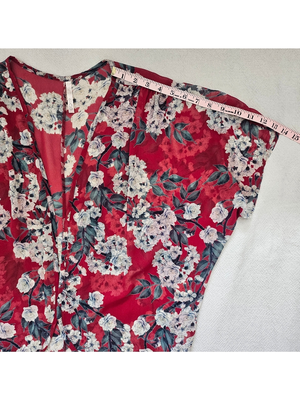 Elle CLO Red Floral Sheer Boho Kimono Cardigan Open Front Medium - Picture 9 of 9